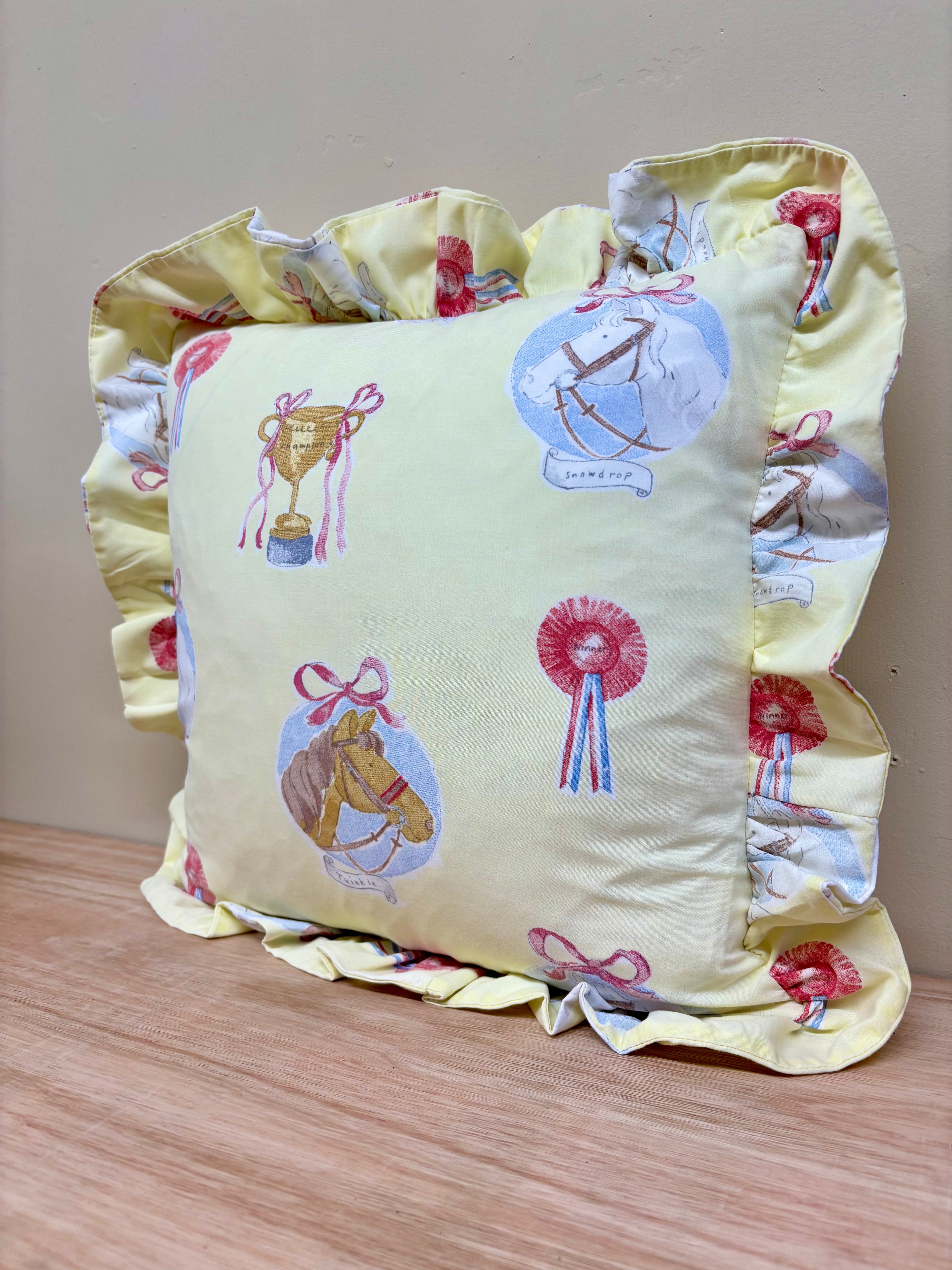 Handmade ruffle cushion from vintage Laura Ashley - Ponies and Rosettes
