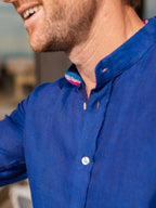Royal Blue Linen Shirt - Grandfather Collar