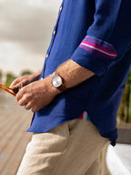 Royal Blue Linen Shirt - Grandfather Collar
