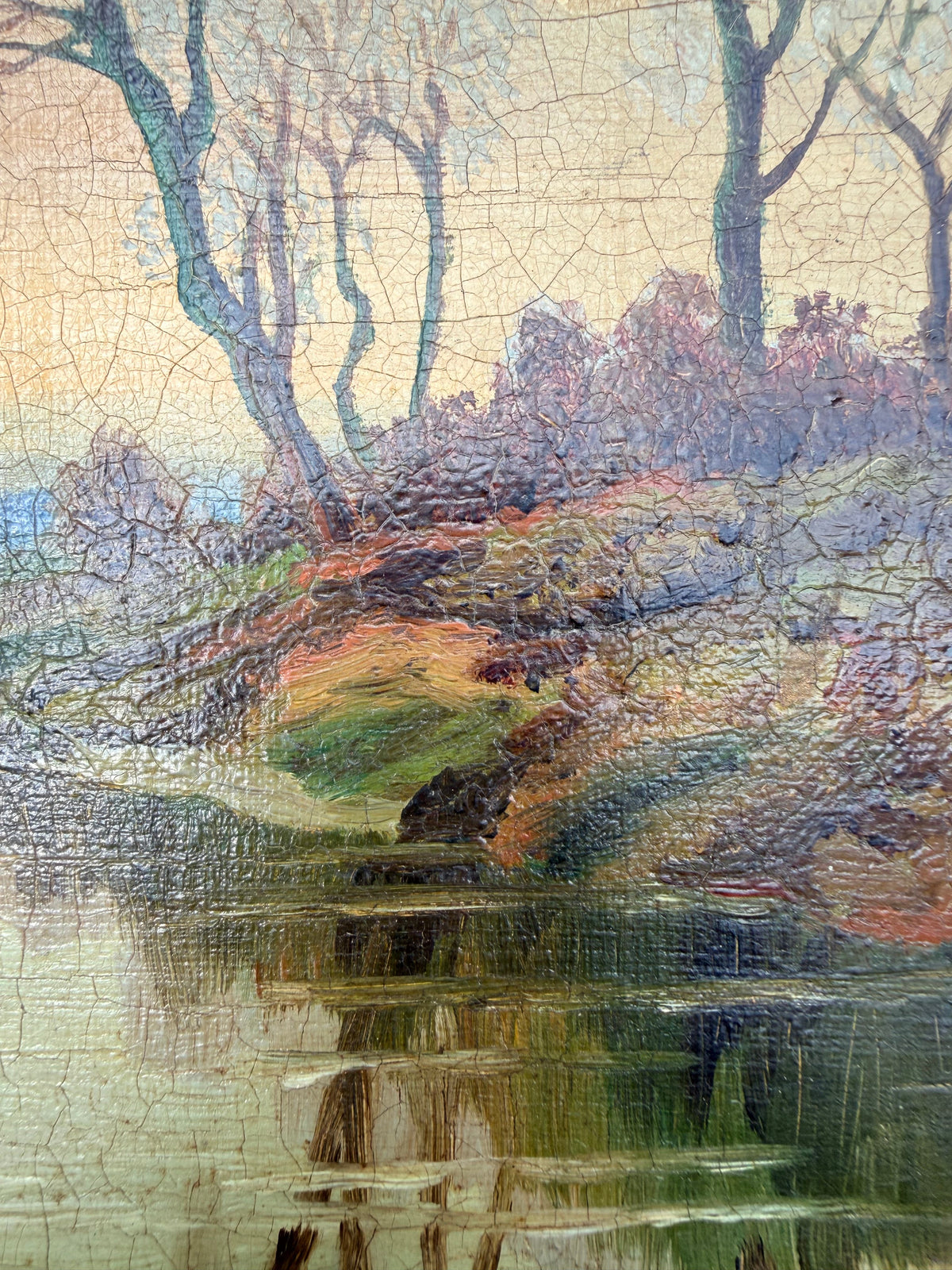 A Lake at Sunset: 19th Century Unframed Oil on Canvas