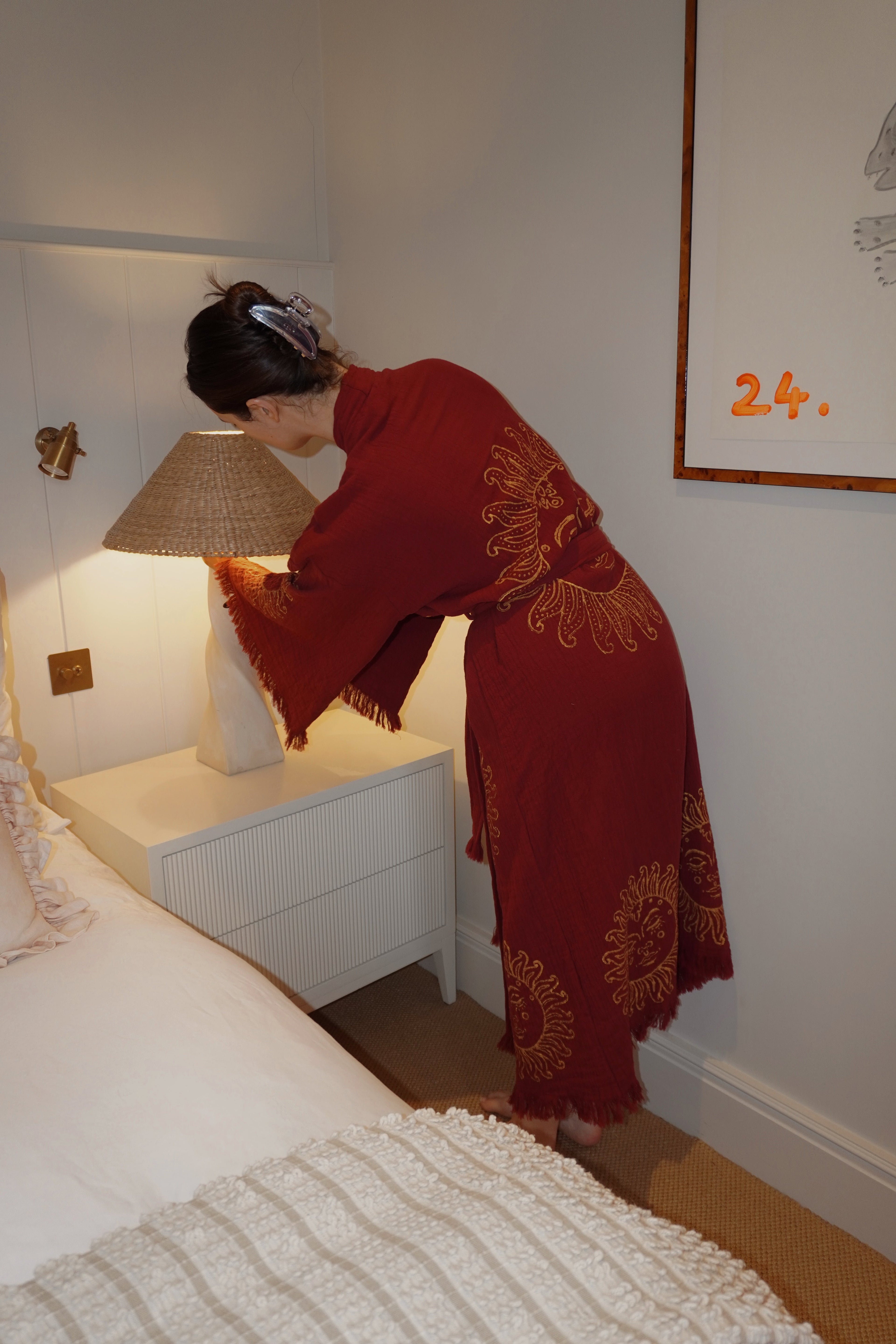 Long Organic Cotton Robe: Merlot with Gold Sun