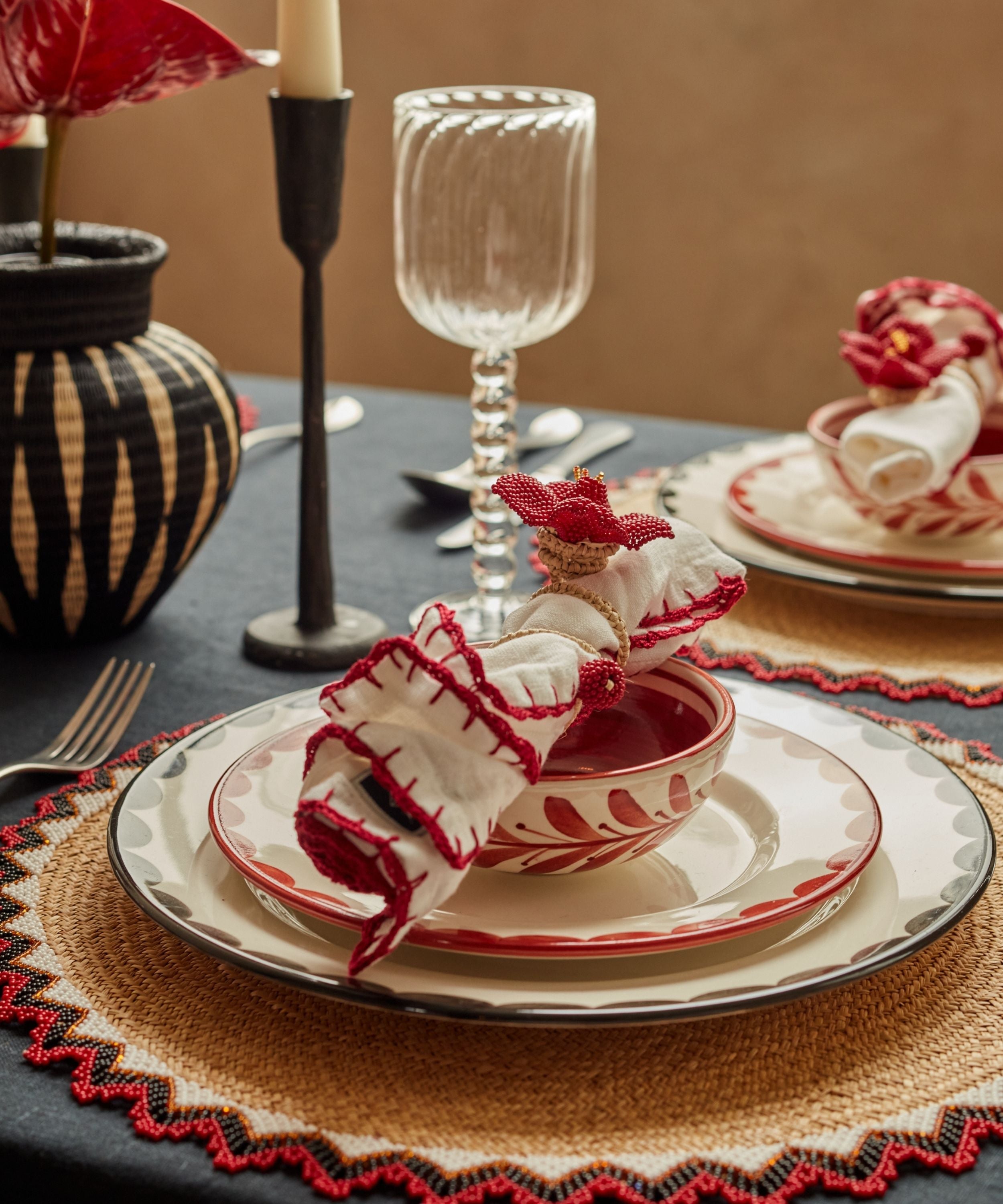 Helecho Tapas Bowl | Hand-Painted Fern Wreath Ceramic, Rust Red