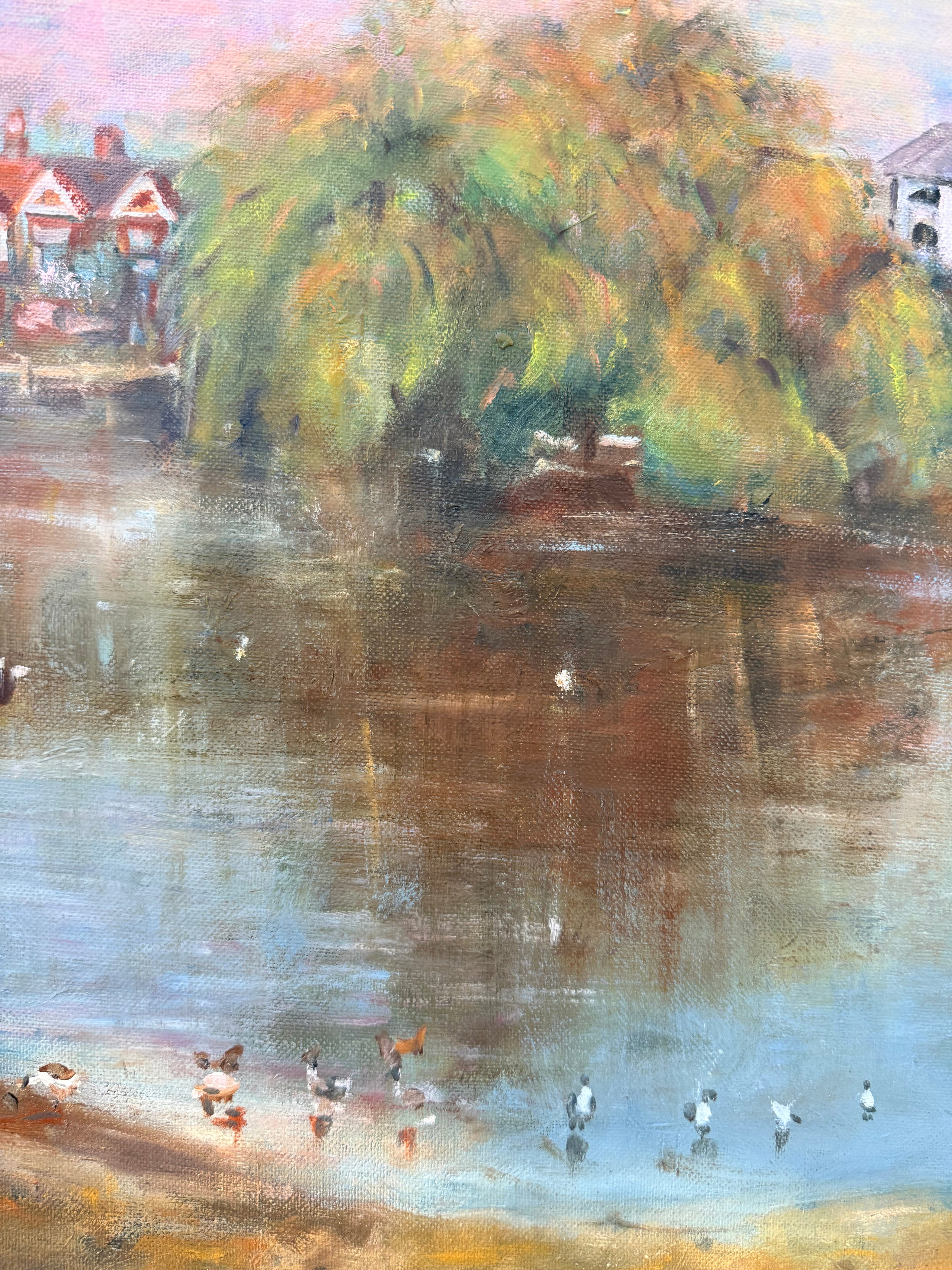 Feeding the Ducks: Mid 20th Century Signed Oil on Board