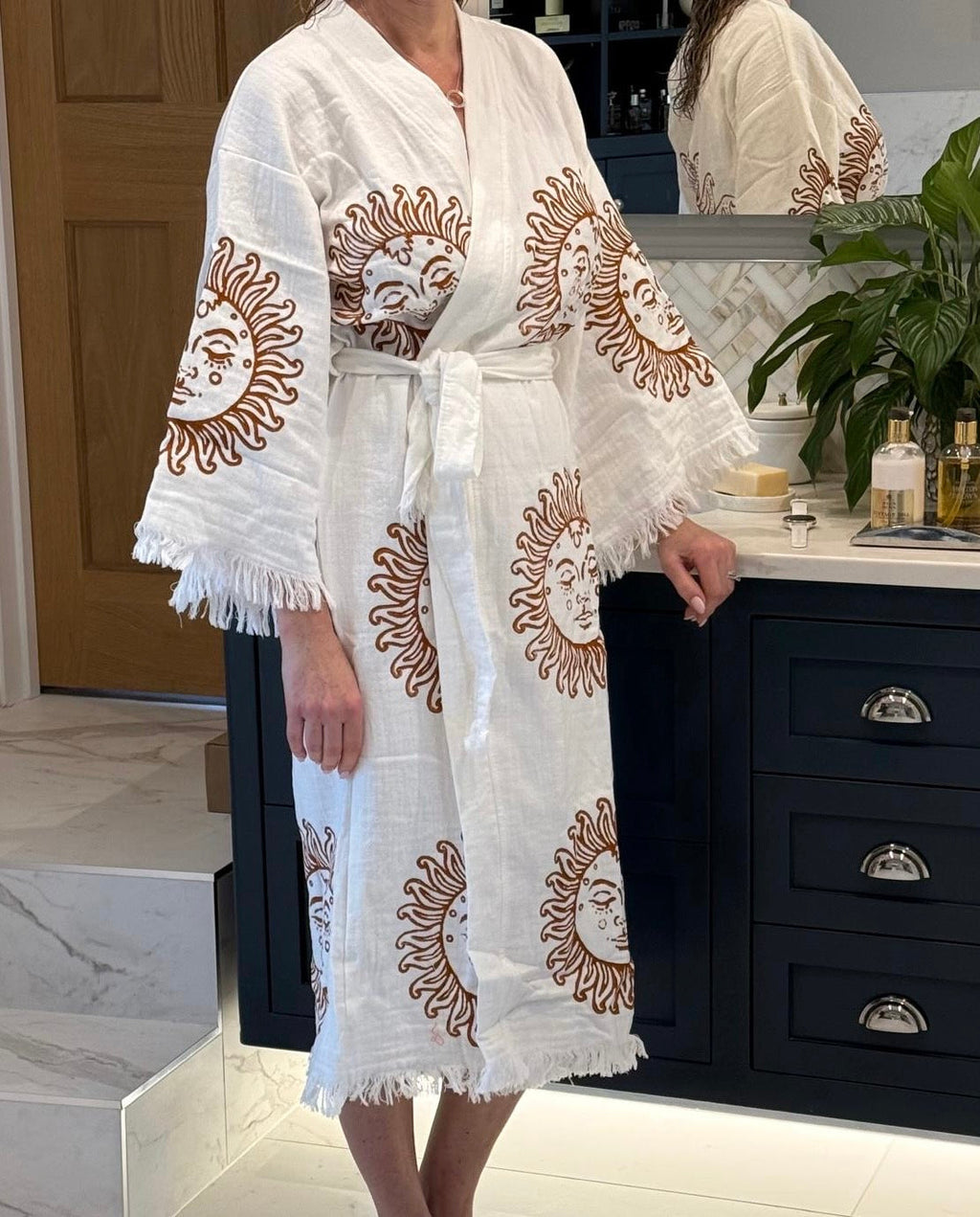 Long Cotton Robe: White with Terracotta Sun