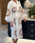 Long Cotton Robe: White with Terracotta Sun