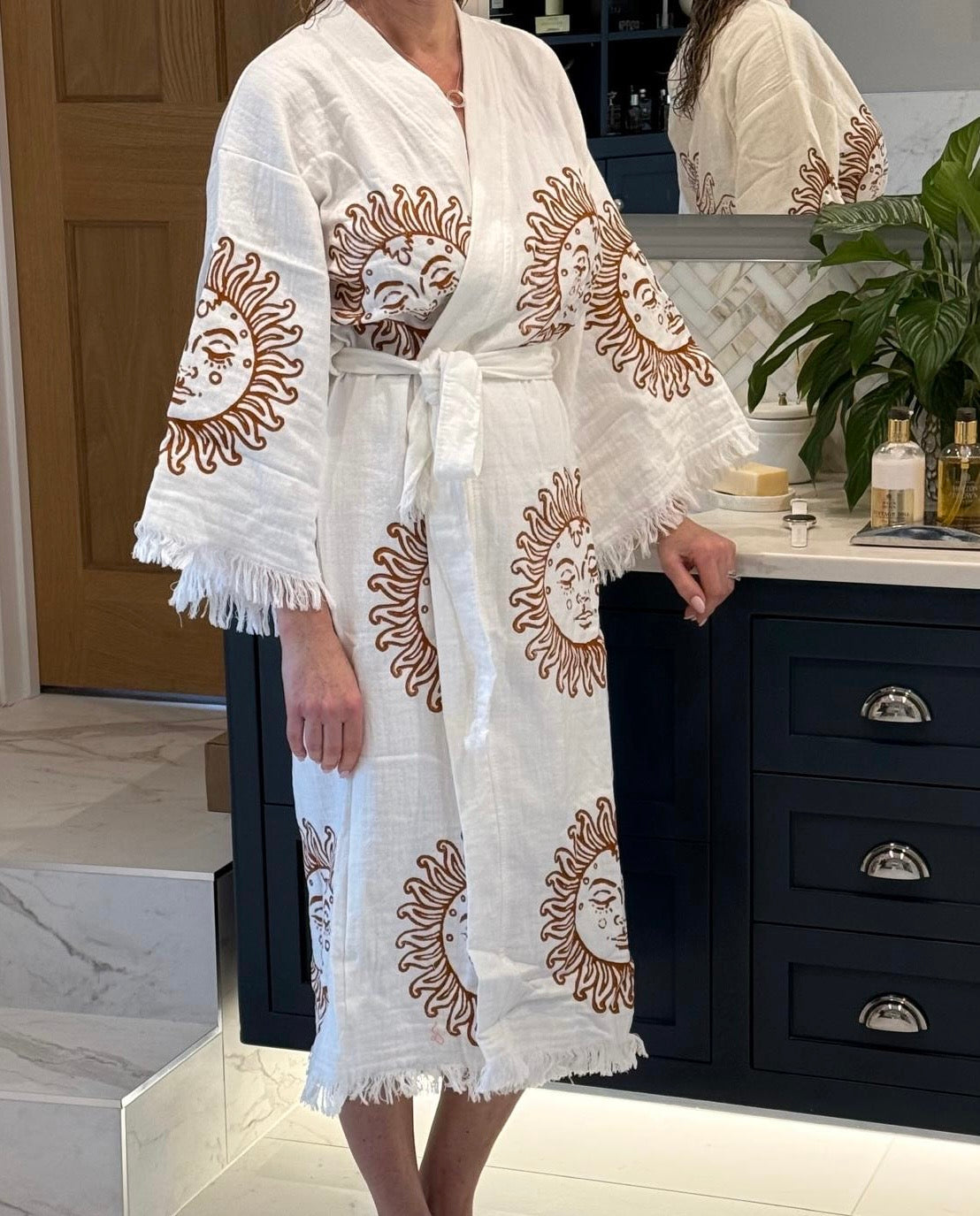 Long Cotton Robe: White with Terracotta Sun