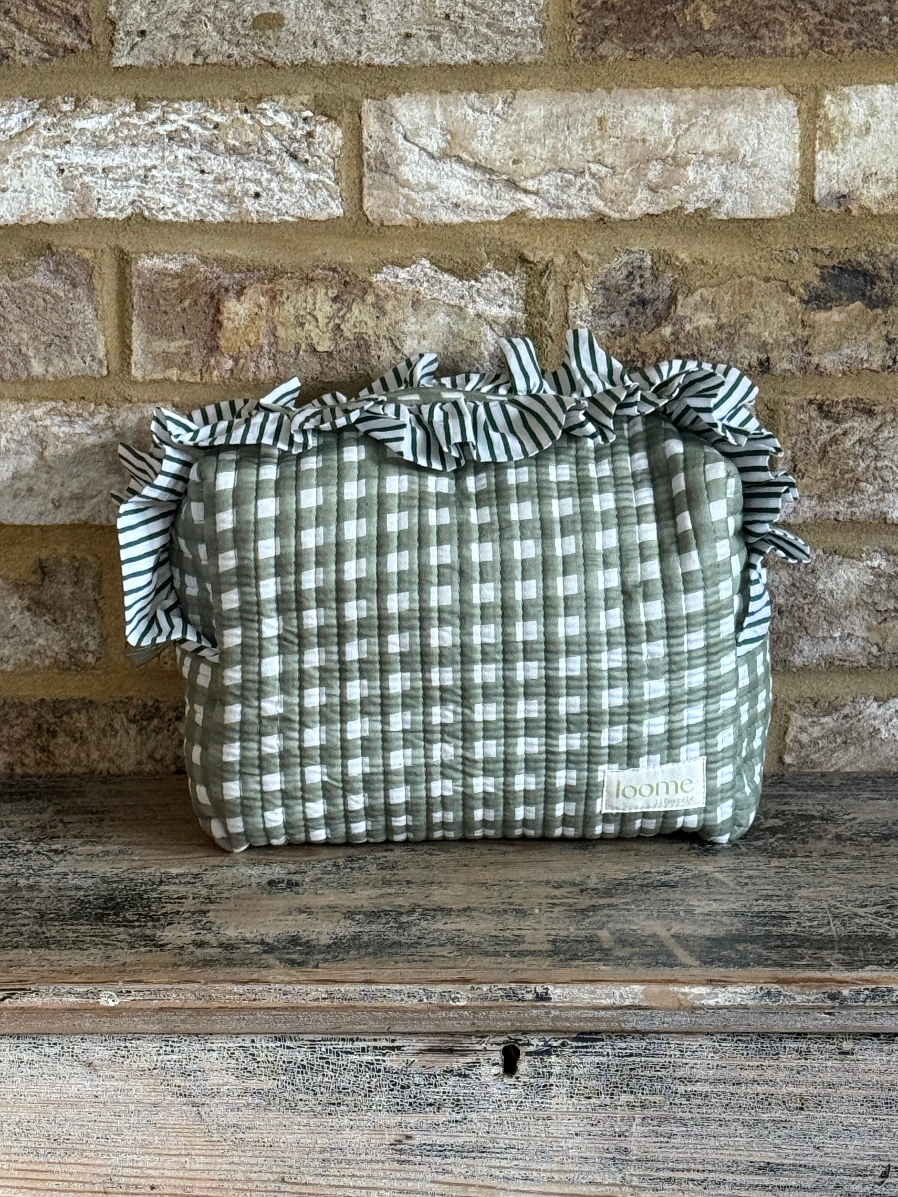 Handmade Quilted Ruffle Makeup Pouch | Green Check