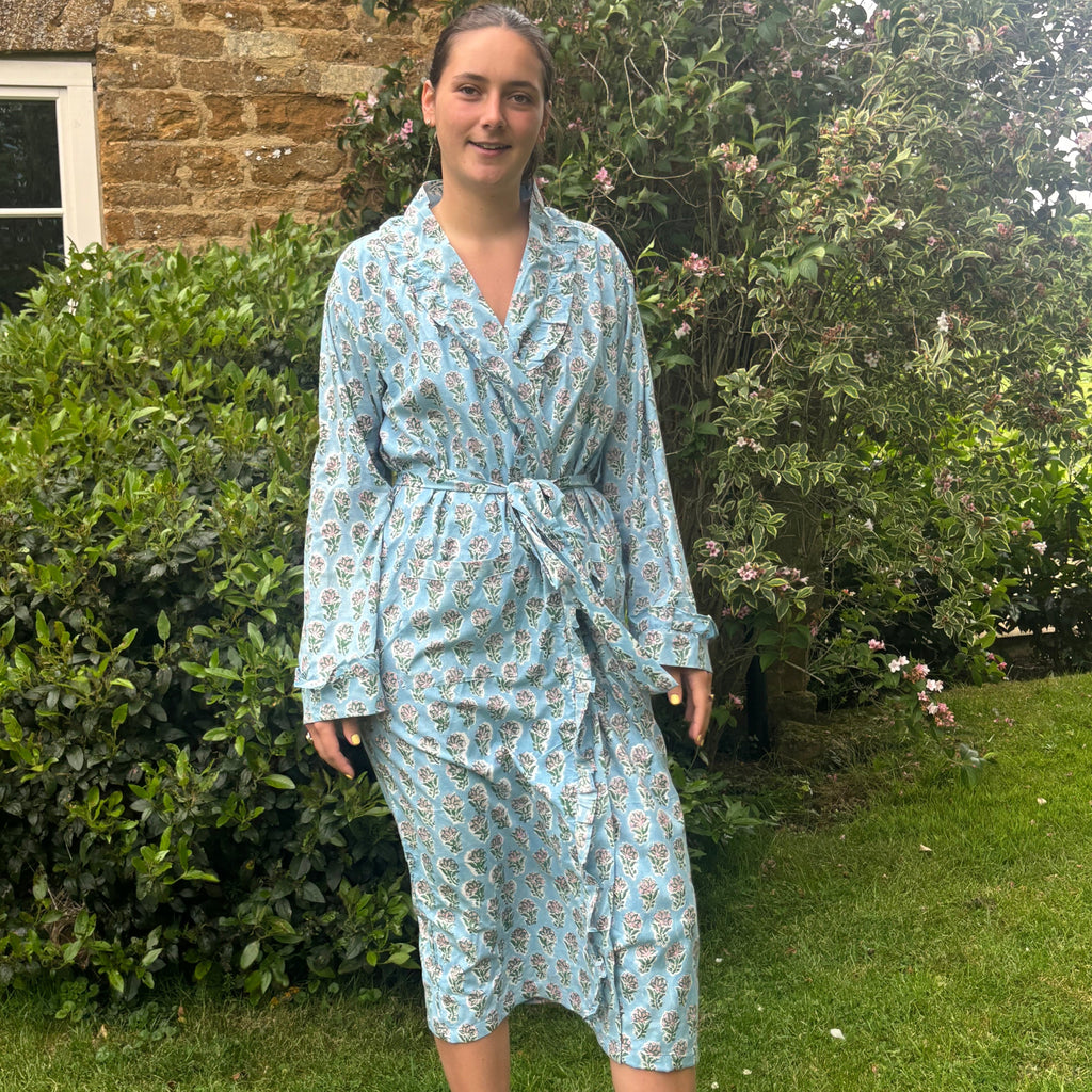 Blue Floral Frilly Dressing Gown