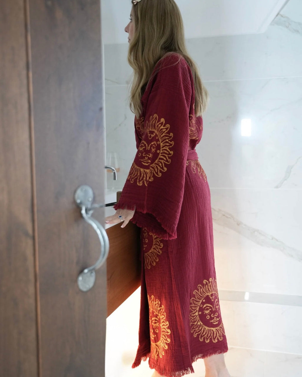 Long Organic Cotton Robe: Merlot with Gold Sun