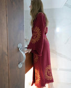 Long Organic Cotton Robe: Merlot with Gold Sun