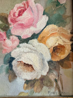 Roses: 1930s Double-Sided Painting with Blossom Trees on the Reverse and Original Gilt Frame