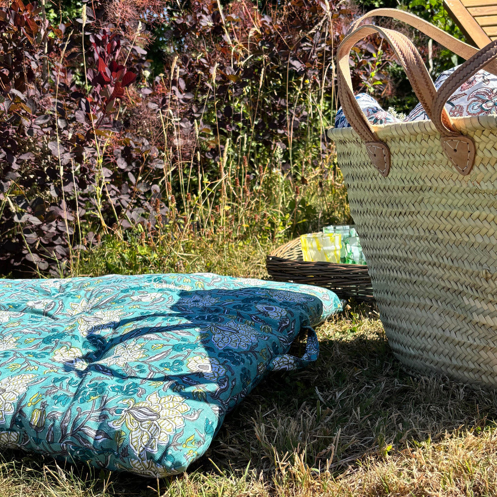 Teal Blue Block Printed Cotton Mattress | Scandinavian Outdoor Living