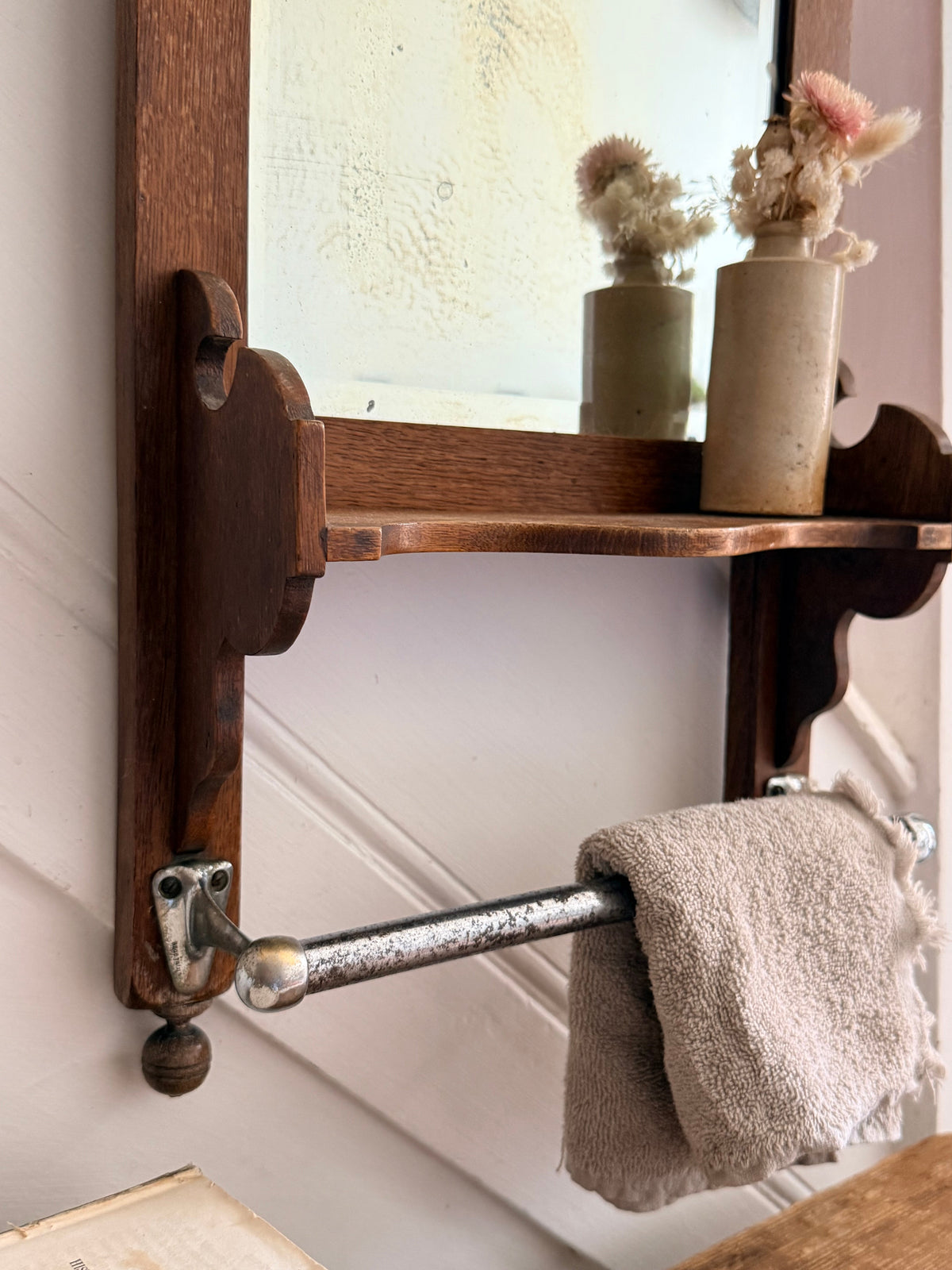 1920s French Oak Vanity or Shaving Mirror with Towel Rail