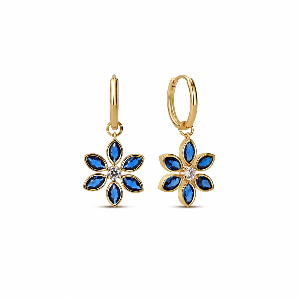 Floral Hoops in Sapphire and White cubic Zirconia