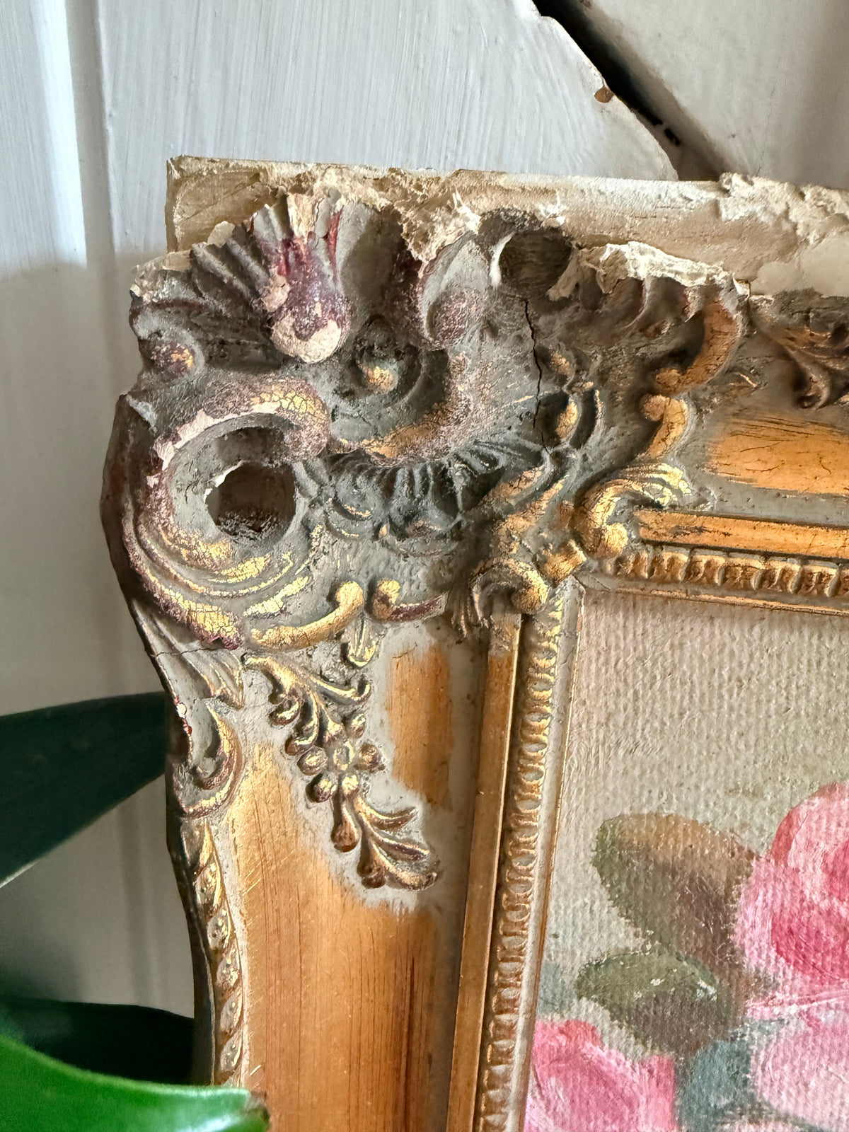 Roses: 1930s Double-Sided Painting with Blossom Trees on the Reverse and Original Gilt Frame