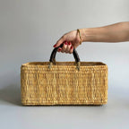 Woven Reed Market Basket - Leather Handle Tote Basket