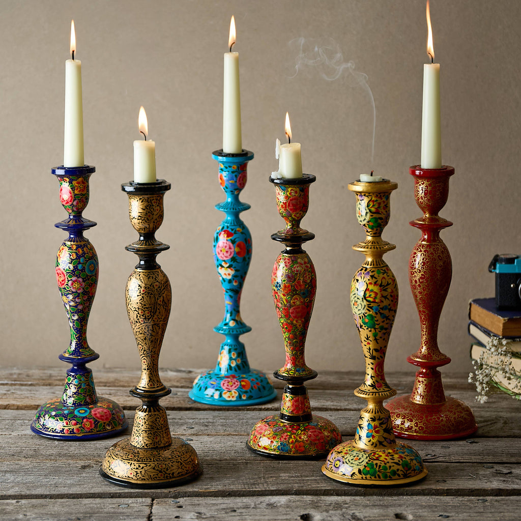 Kashmir Wooden Candle Stick Holder 12"