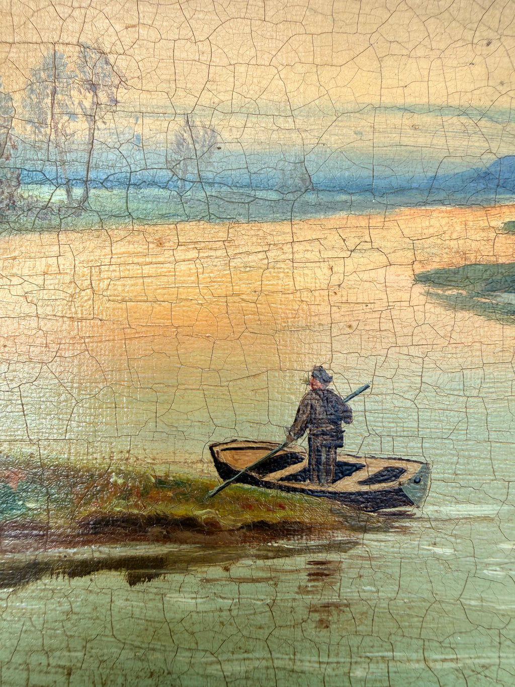 A Lake at Sunset: 19th Century Unframed Oil on Canvas