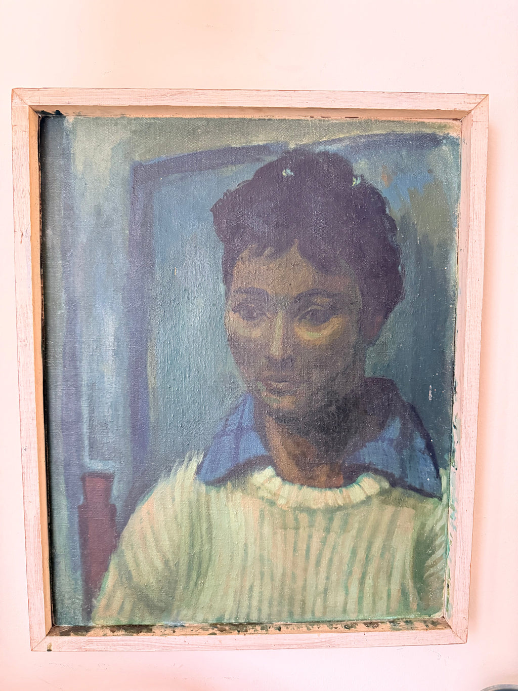 Midcentury Oil on Canvas: Portrait in Blue
