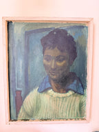 Midcentury Oil on Canvas: Portrait in Blue