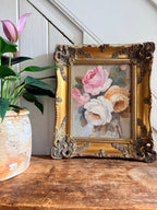 Roses: 1930s Double-Sided Painting with Blossom Trees on the Reverse and Original Gilt Frame