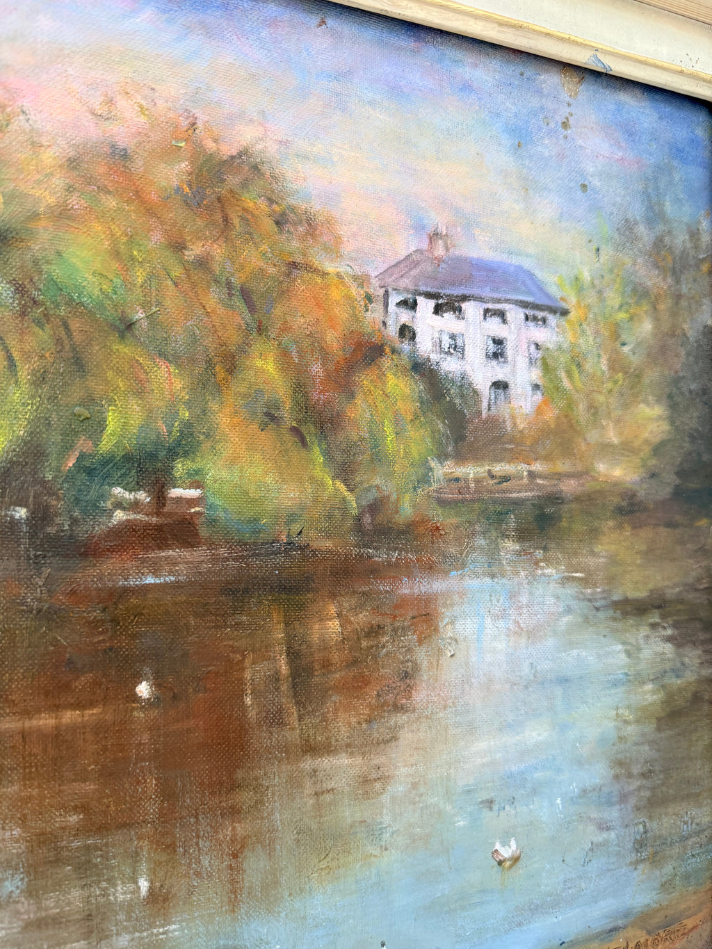 Feeding the Ducks: Mid 20th Century Signed Oil on Board