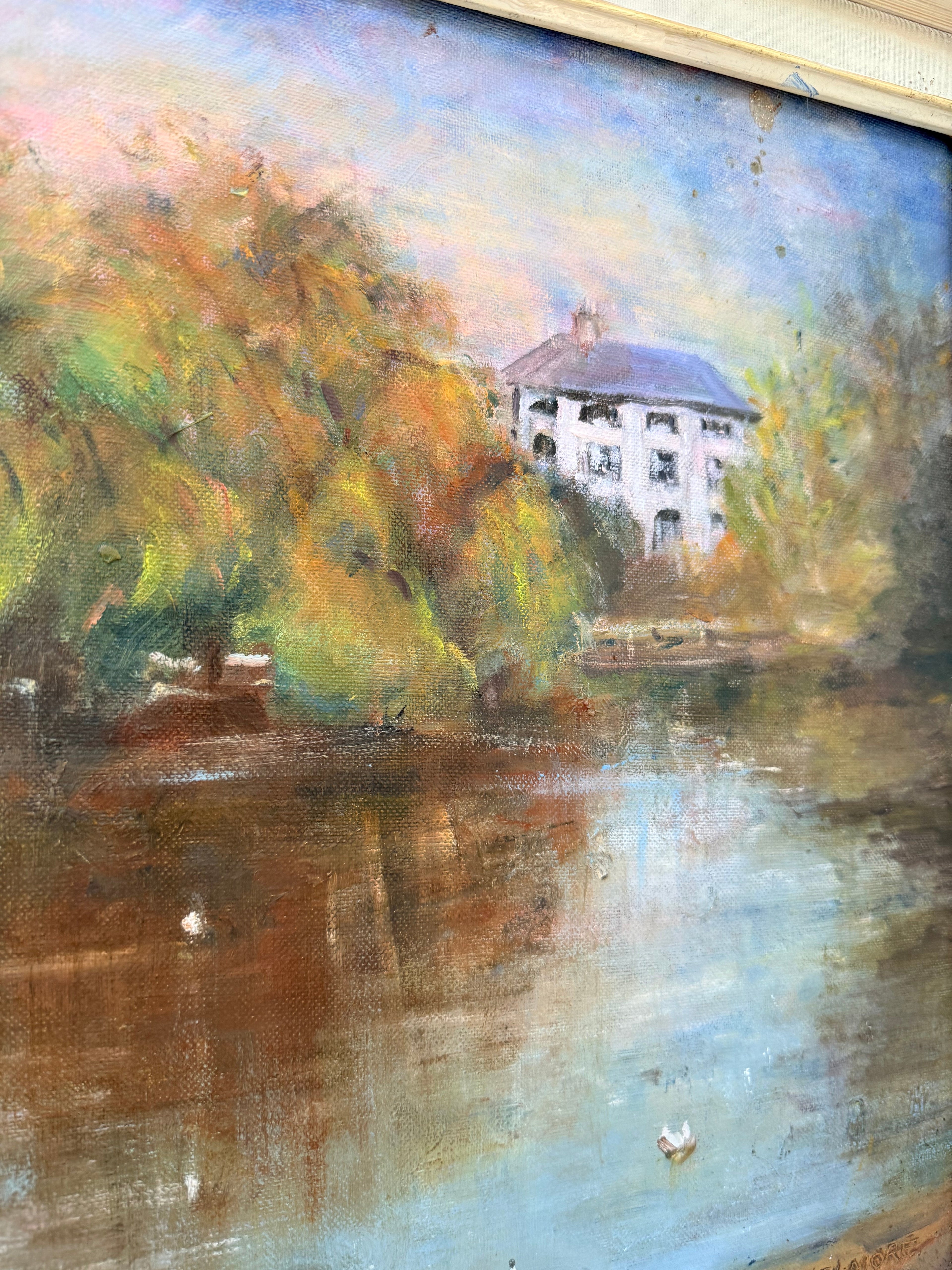 Feeding the Ducks: Mid 20th Century Signed Oil on Board