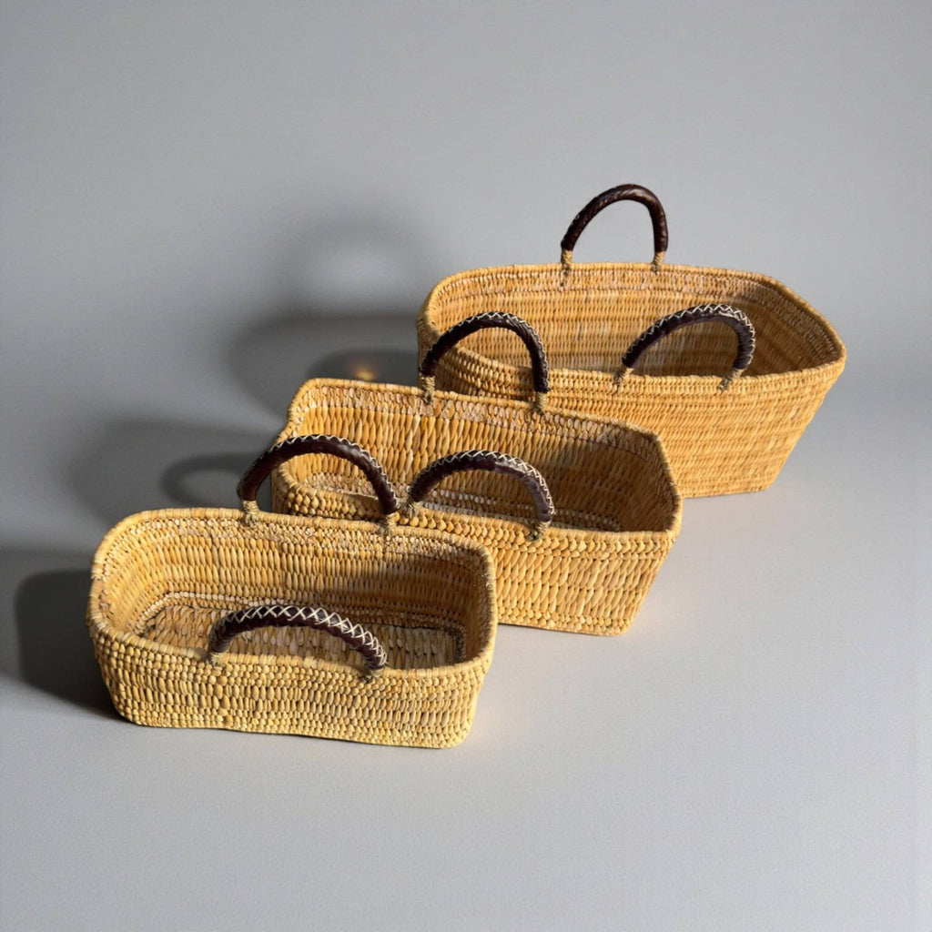 Woven Reed Market Basket - Leather Handle Tote Basket
