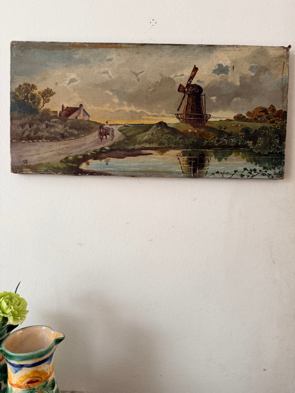 Landscape with Windmill: 19th Century Unframed Oil on Canvas