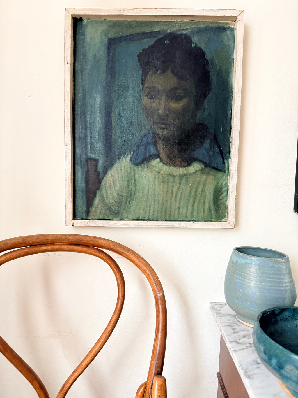 Midcentury Oil on Canvas: Portrait in Blue