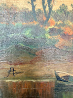 A Lake at Sunset: 19th Century Unframed Oil on Canvas