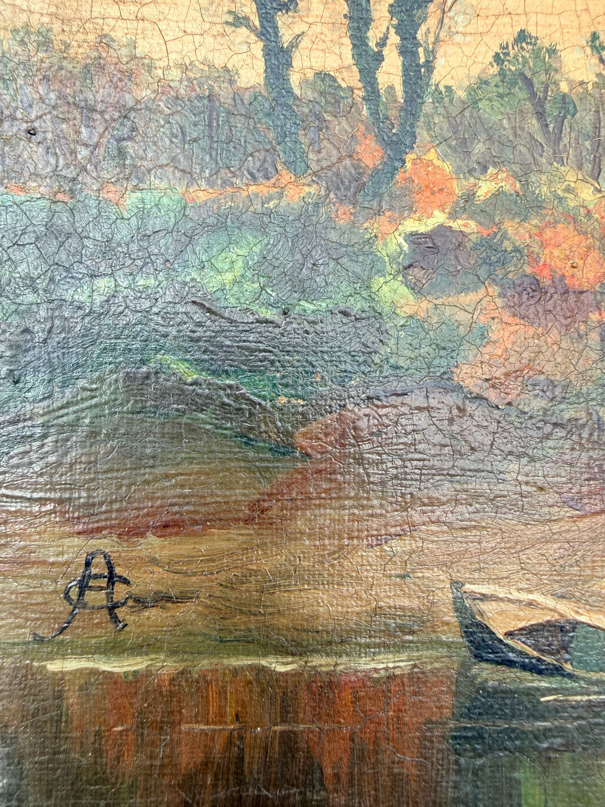 A Lake at Sunset: 19th Century Unframed Oil on Canvas