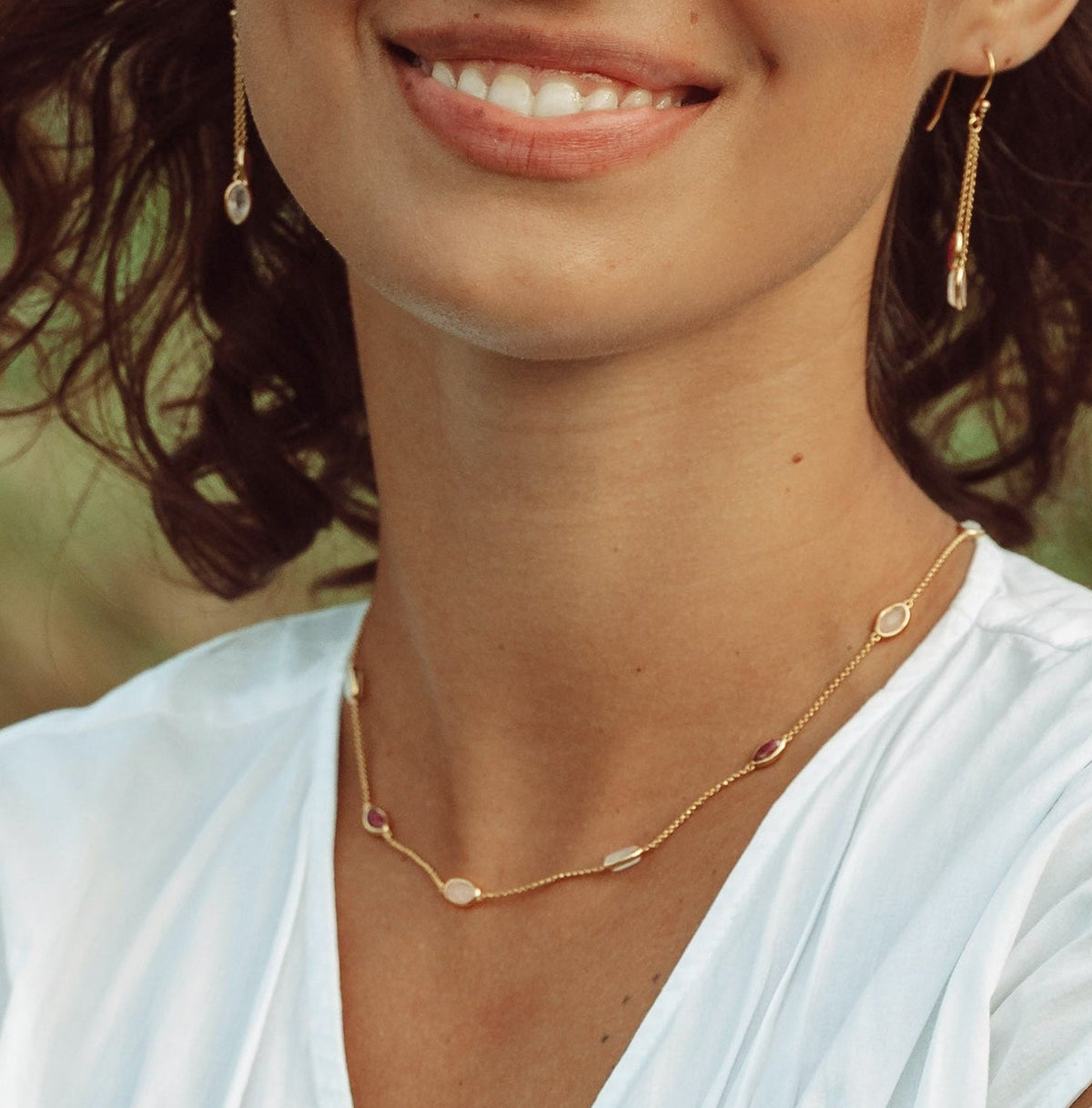 Lola Necklace in Gold with Ruby, Rose Quartz and Moonstone