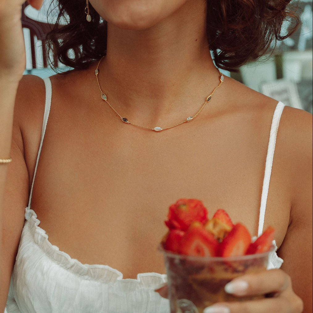 Lola Necklace in Gold with London Blue Topaz, Sky Blue Topaz and  Moonstone
