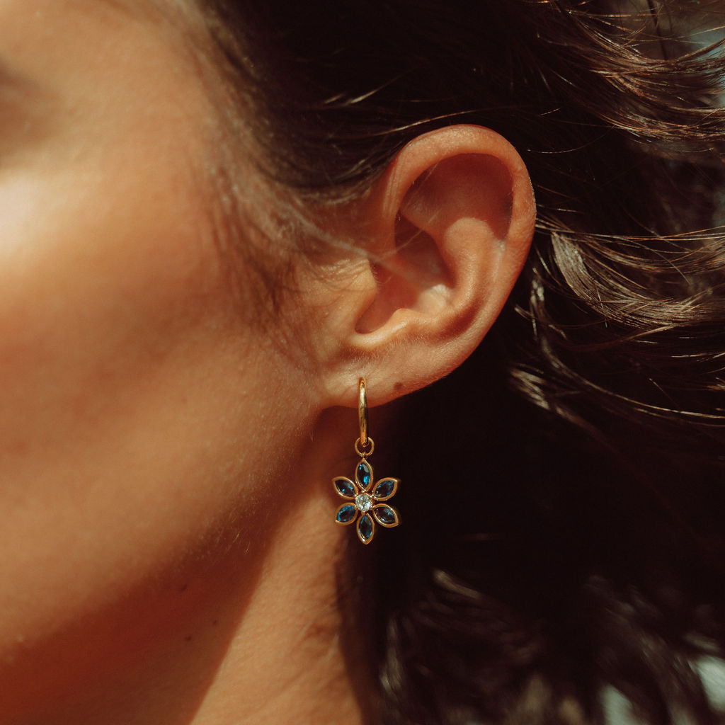 Floral Hoops in Sapphire and White cubic Zirconia