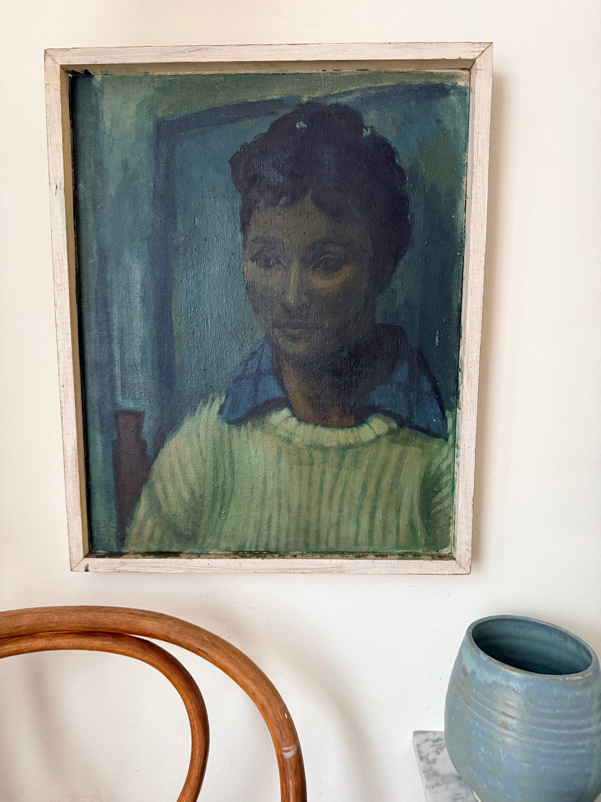 Midcentury Oil on Canvas: Portrait in Blue