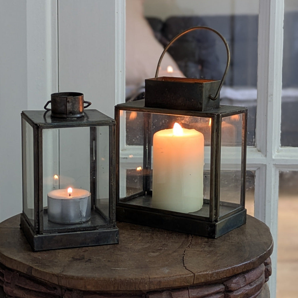 Glass & Aged Brass Lantern | 14cm | Scandi Hygge