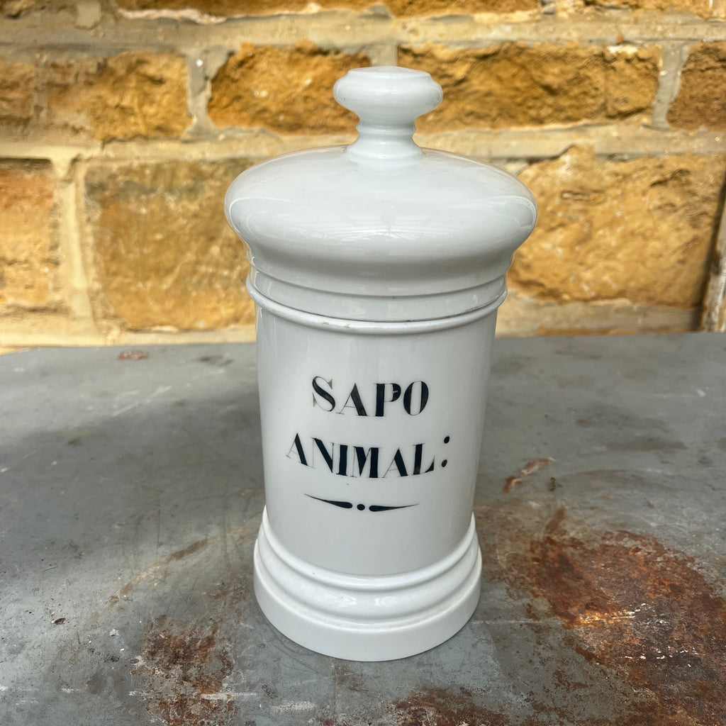 Antique White Ceramic Apothecary Jar Labelled 'Sapo Animal'