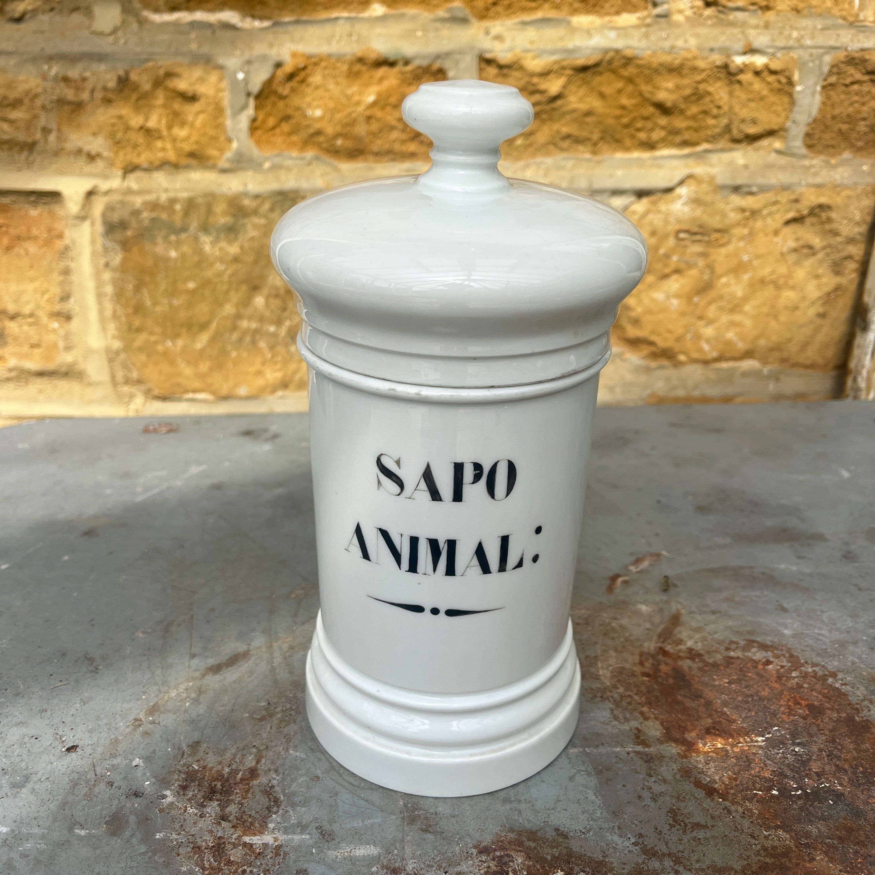 Antique White Ceramic Apothecary Jar Labelled 'Sapo Animal'