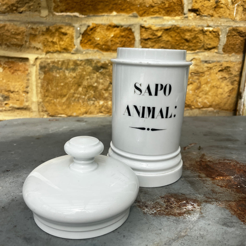 Antique White Ceramic Apothecary Jar Labelled 'Sapo Animal'