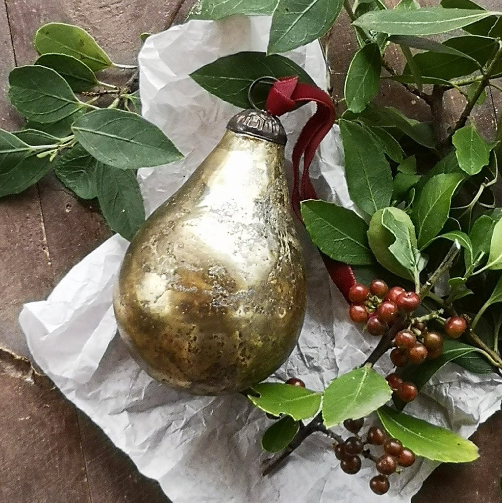 Antique Gold Glass Pear Bauble Decoration | 2 Sizes