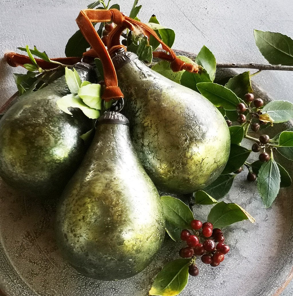 Antique Green Glass Pear Bauble Decoration | 2 Sizes