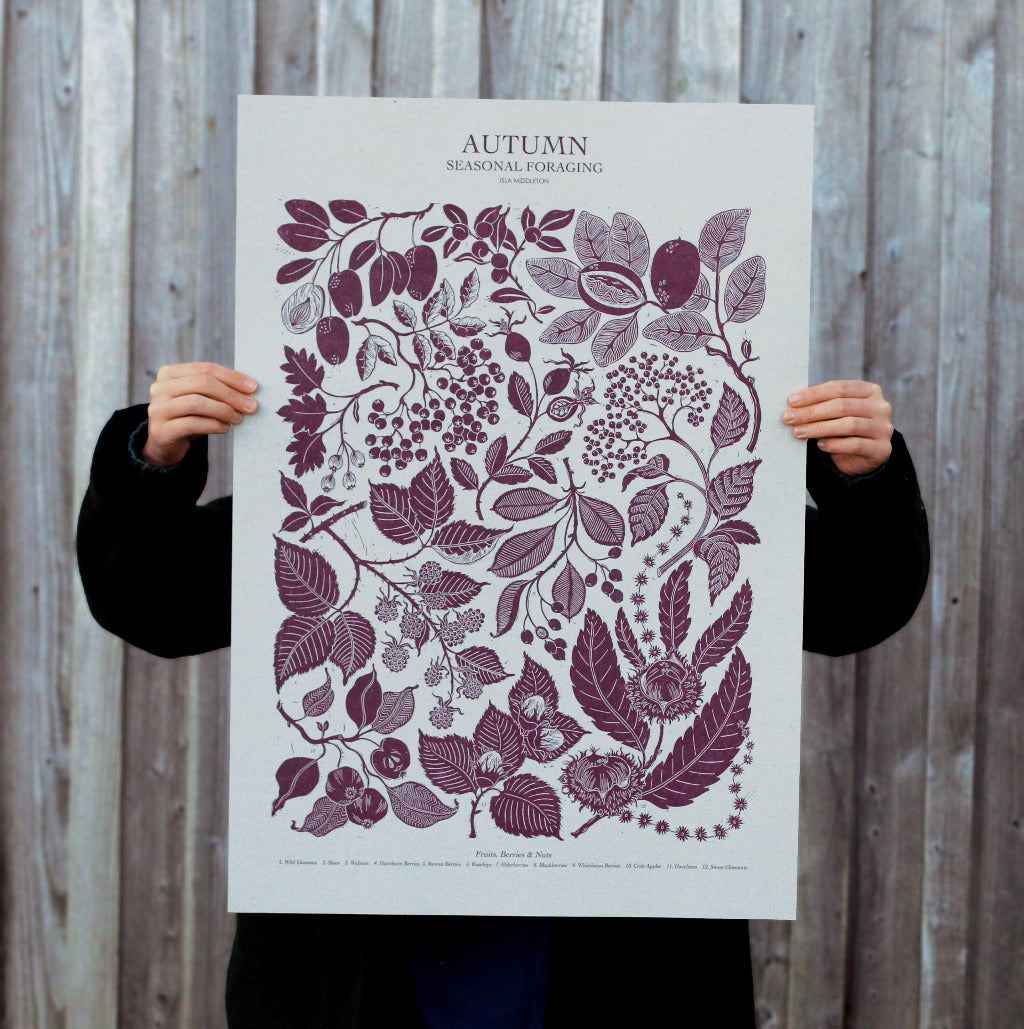 Autumn Foraging Poster - Lino Print By Isla Middleton
