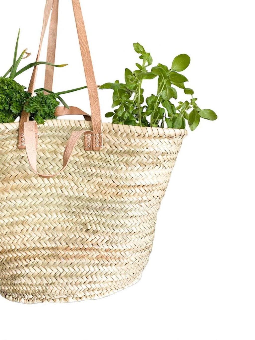 Handwoven Straw Market Bag with Long & Short Leather Handles