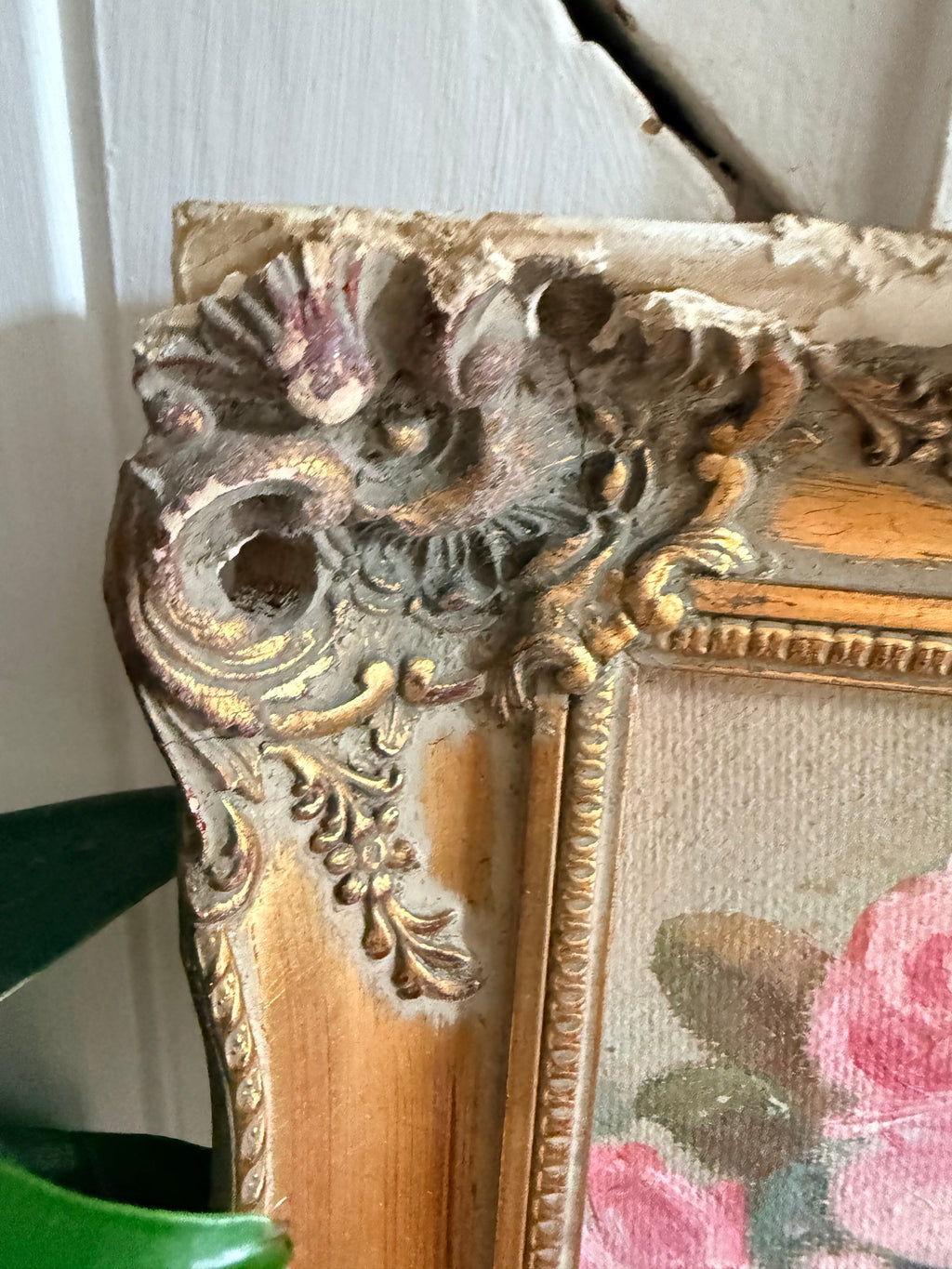 Roses: 1930s Double-Sided Painting with Blossom Trees on the Reverse and Original Gilt Frame