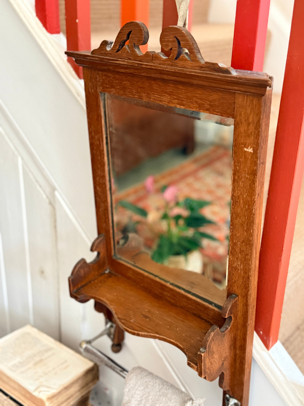 1920s French Oak Vanity or Shaving Mirror with Towel Rail