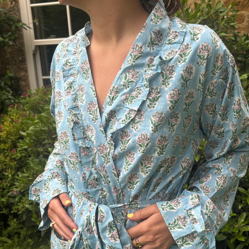 Blue Floral Frilly Dressing Gown