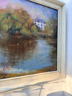 Feeding the Ducks: Mid 20th Century Signed Oil on Board