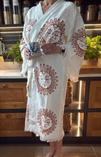 Long Cotton Robe: White with Terracotta Sun