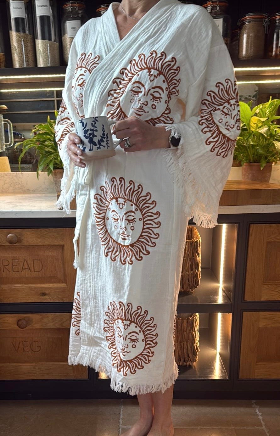 Long Cotton Robe: White with Terracotta Sun